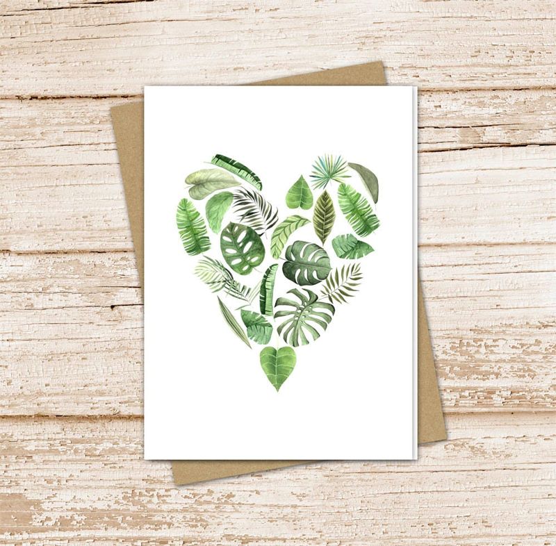 greenery heart card set . watercolor leaf note cards . nature tropical leaves fern . blank cards notecards . folded stationery