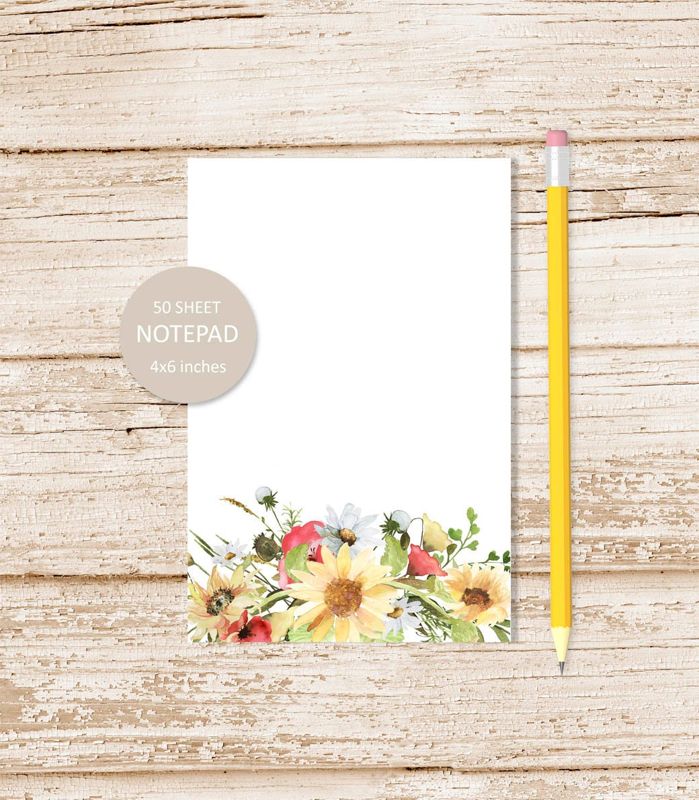 watercolor sunflower peony daisy notepad note pad . farmhouse, country flowers stationary . botanical, garden, fall | 4x6 inches