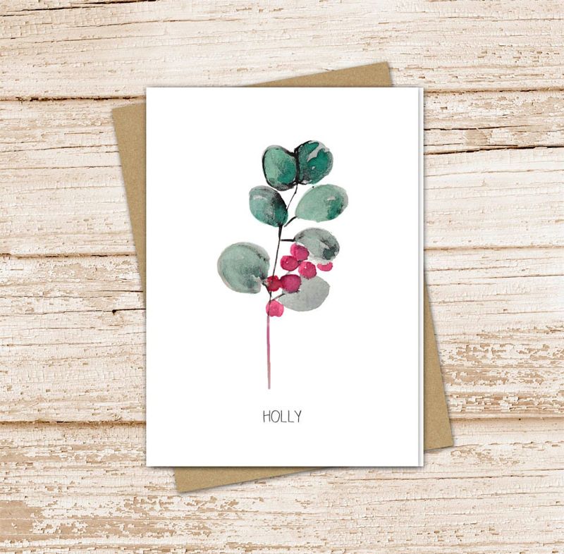 holly card set . watercolor floral holly berries . december birth month flower note cards . botanical . blank card, folded stationery