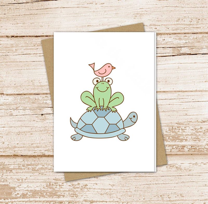 kids card set .  bird frog turtle cards . cute backyard buddies . girl and boy . blank cards,  note cards . folded stationery set