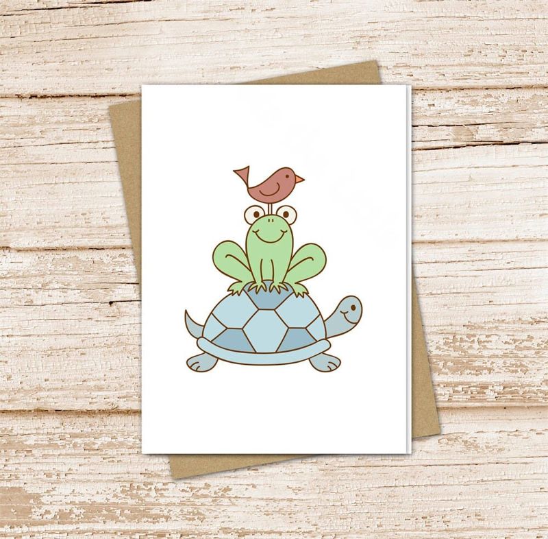 kids card set .  bird frog turtle cards . cute backyard buddies . girl and boy . blank cards,  note cards . folded stationery set