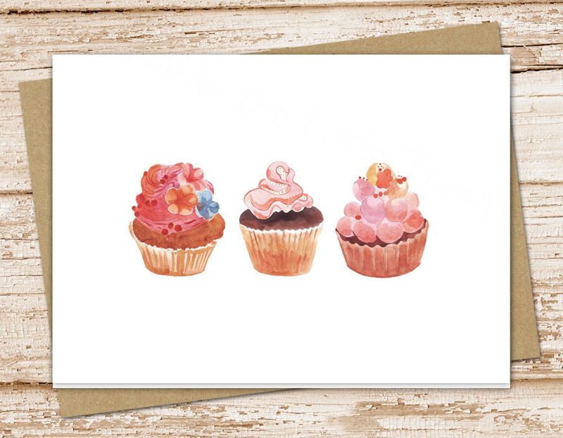 pink cupcakes card set . watercolor cupcake cards . greeting cards . birthday. folded stationary stationery . blank cards set
