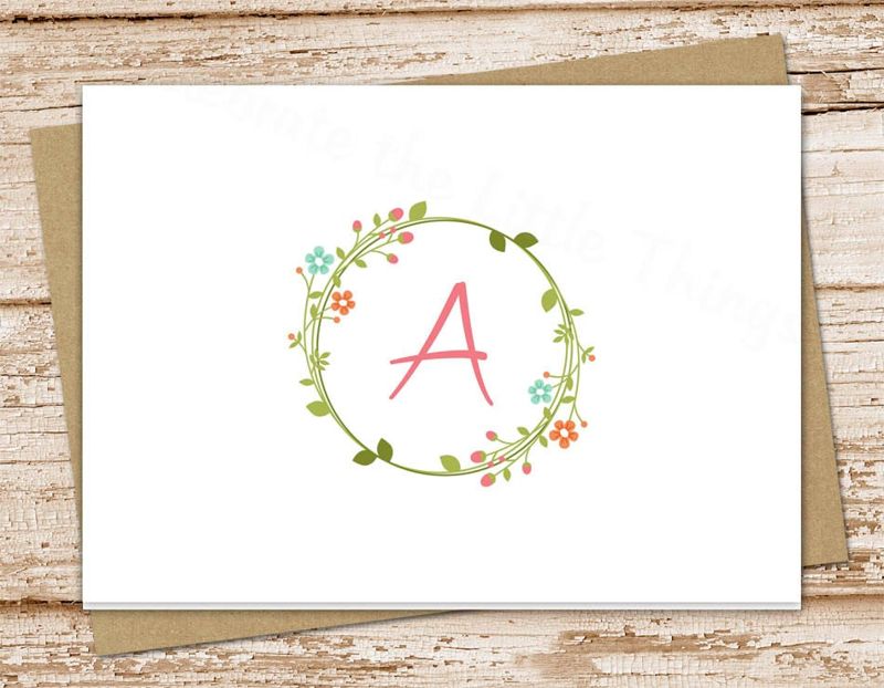 personalized notecards . MONOGRAM WREATH . initial note cards . floral wreath . stationery . stationary . folded cards . set of 10