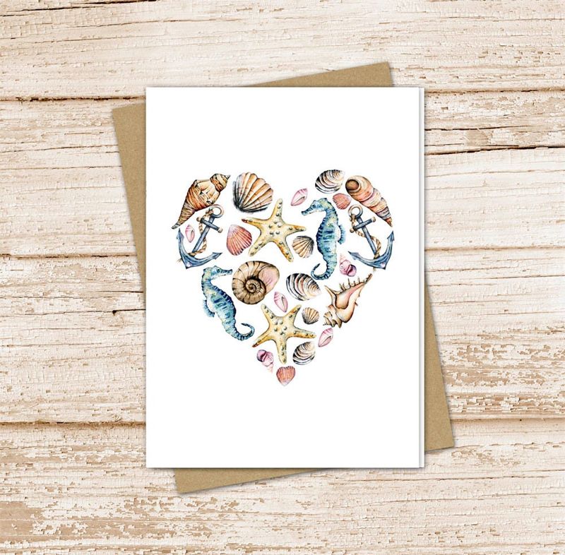 seashell heart card set . summer love watercolor cards . beach, seahorse, anchor, . blank note cards . folded stationery stationary set