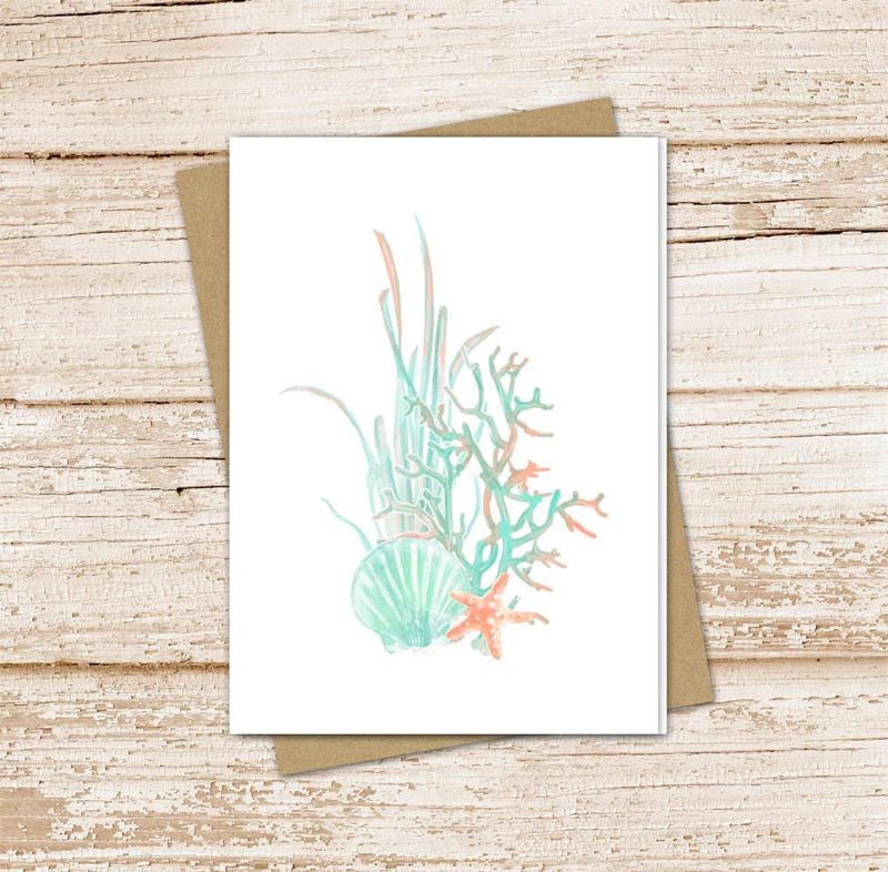 seashells & coral card set . beach, summer, tropical . watercolor cards . blank note cards, notecards . folded stationery stationary set