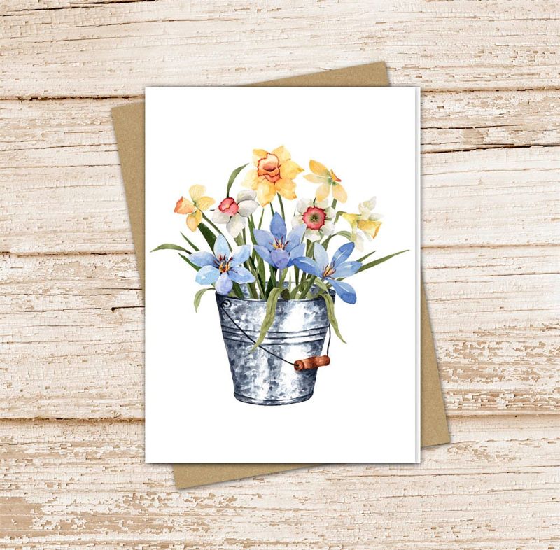 spring floral card set . watercolor flowers . daffodils . tin bucket note cards .  farmhouse . blank cards notecards . folded stationery set