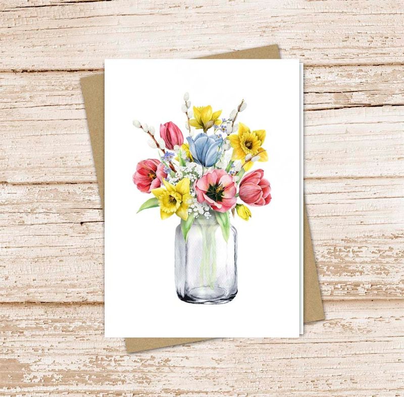 spring flowers card set .  watercolor daffodil tulips . mason jar . note cards . flowers floral botanical . blank cards . folded stationery