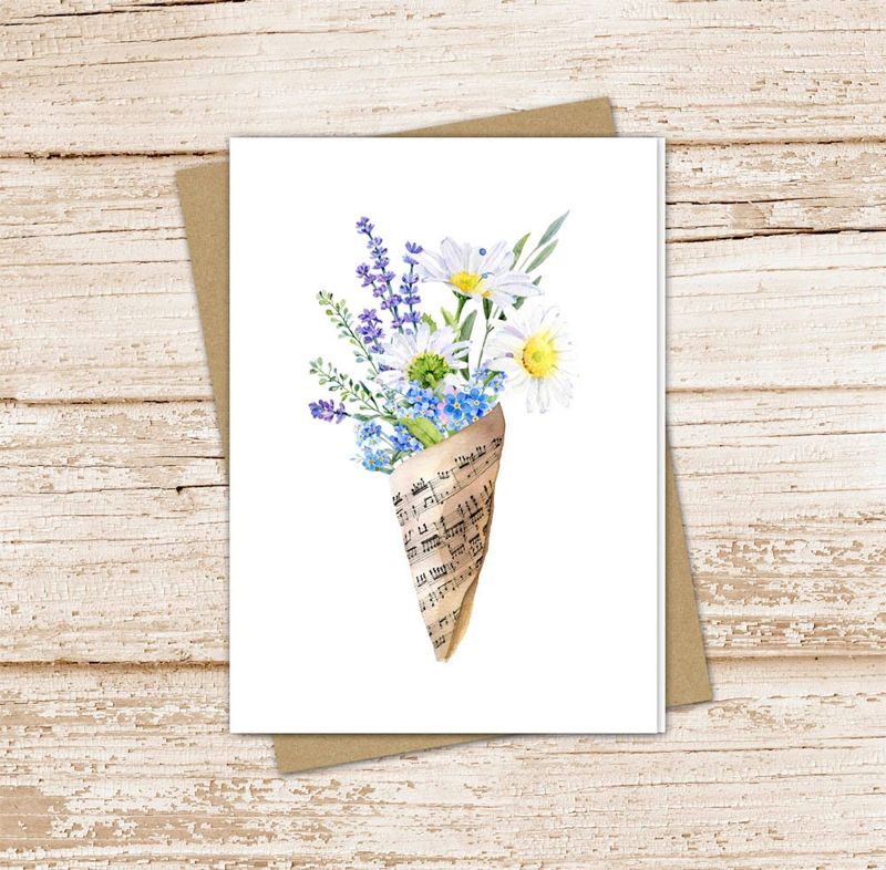 spring mix flower bouquet card set .  watercolor flowers note cards . vintage music . blank note cards . folded stationery . stationary set