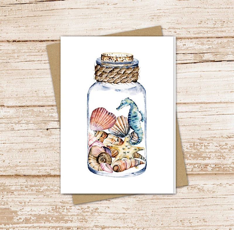 summer in a bottle card set .  watercolor seashells seahorse cards . beach,  . blank note cards . folded stationery stationary set