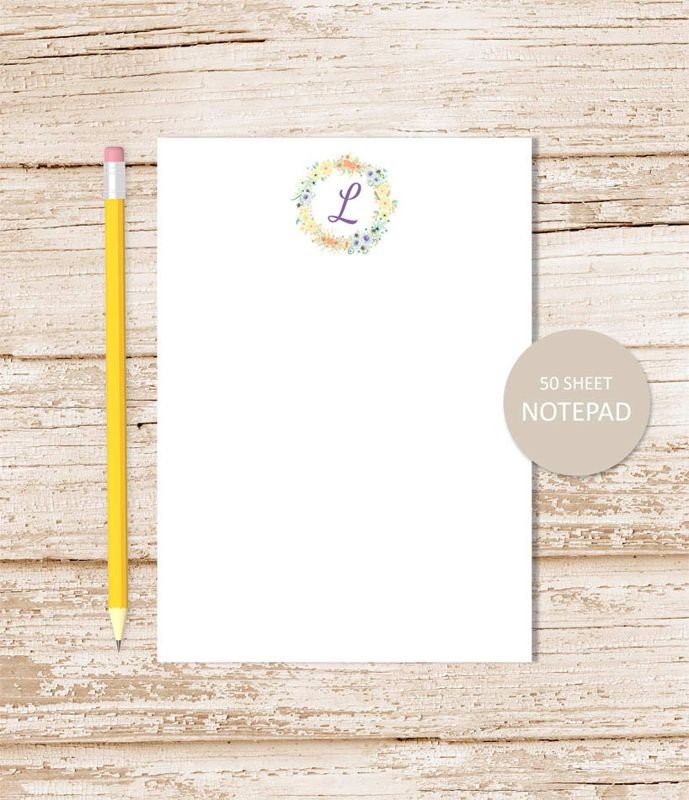 personalized stationery set . floral initial notepad + note card set . wreath . womens notecards note pad . botanical stationary gift set