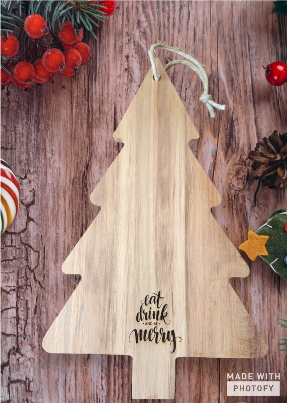 Eat Drink and Be Merry Christmas Tree Charcuterie Board - Script Font