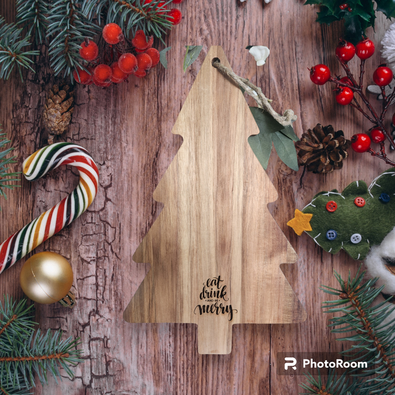 Eat Drink and Be Merry Christmas Tree Charcuterie Board - Script Font