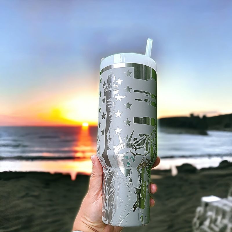 Patriot Liberty Tumbler, Military Engraved Stanley, Liberty Design, American Flag Stanley, Eagle Stanley, Statue of Liberty Stanley (30oz Fog H2.0, Liberty Only)