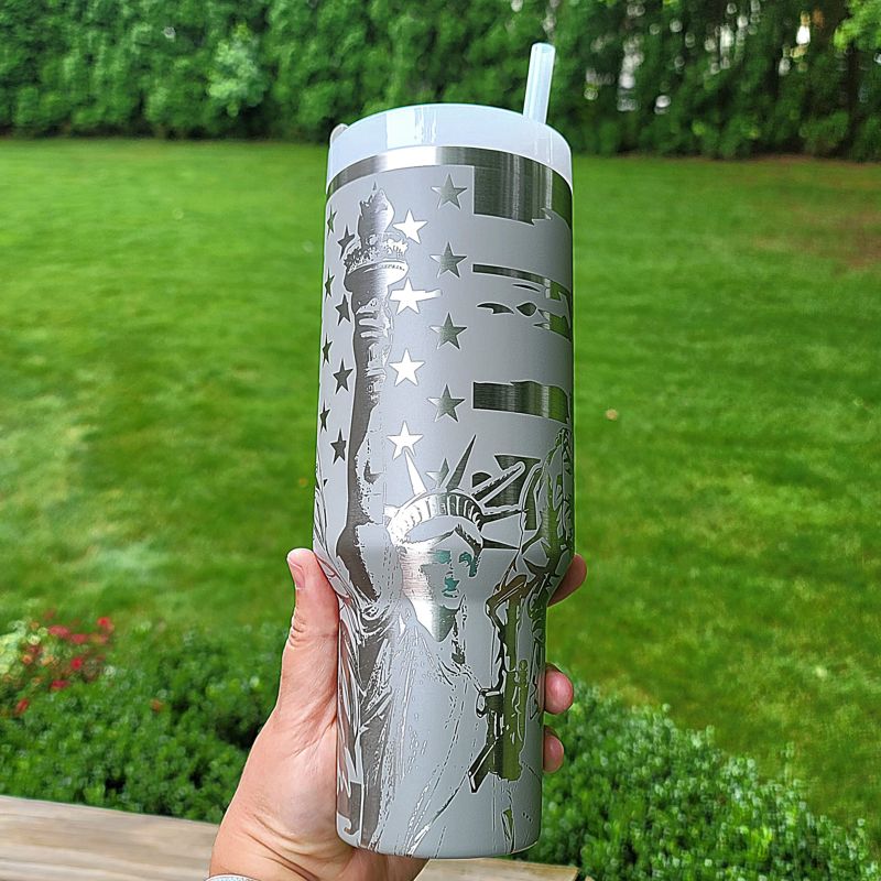 Patriot Liberty Tumbler, Military Engraved Stanley, Liberty Design, American Flag Stanley, Eagle Stanley, Statue of Liberty Stanley (30oz Fog H2.0, Liberty Only)