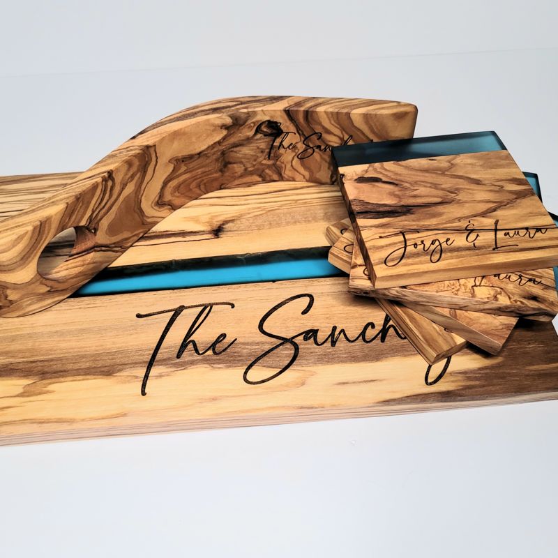 Olive Wood Cutting Board, Large 18" x 9" Olivewood Resin Charcuterie Board, Closing Gift, Wedding Gift, Engagement, Olive Wood Serving Set (Coasters Only, Blue)