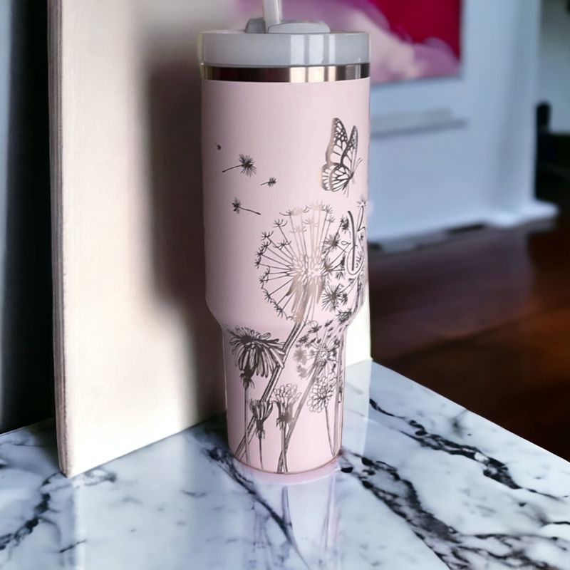 Dandelion Stanley, Butterfly Stanley, Engraved 40 oz Tumbler, Quencher H2.0, Personalized Stanley, Flower Tumbler (30oz Fog, Dandelion Only)
