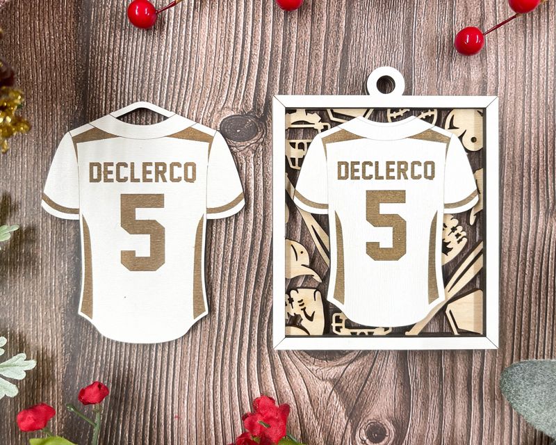 Personalized Jersey Style Sports Ornaments for School and College Kids - Custom Engraved, Two-Layered, and Color Options - Perfect for Baseball, Basketball, Football, and More!