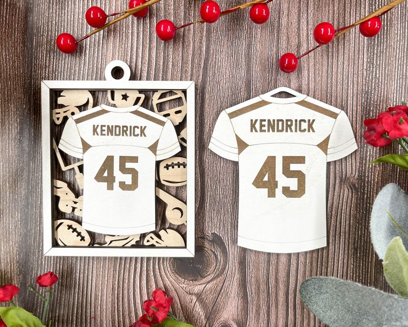 Personalized Jersey Style Sports Ornaments for School and College Kids - Custom Engraved, Two-Layered, and Color Options - Perfect for Baseball, Basketball, Football, and More!