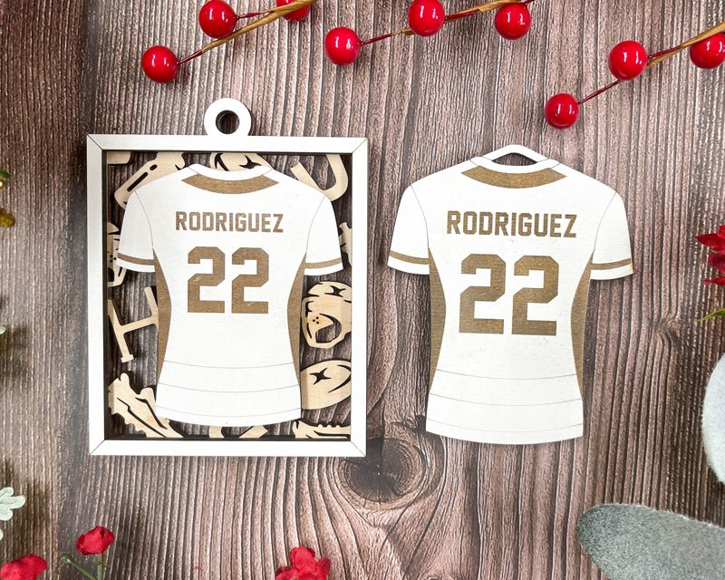 Personalized Jersey Style Sports Ornaments for School and College Kids - Custom Engraved, Two-Layered, and Color Options - Perfect for Baseball, Basketball, Football, and More!