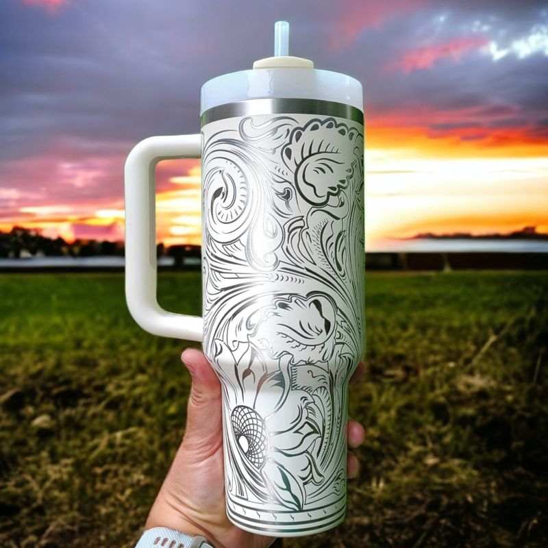 Western Tooled Leather Design with Sunflowers and Paisley Motif, Stanley Engraved Tumbler, Personalized (30oz Fog | Design Only)