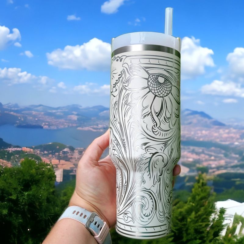 Western Tooled Leather Design with Sunflowers and Paisley Motif, Stanley Engraved Tumbler, Personalized (30oz Fog | Design Only)