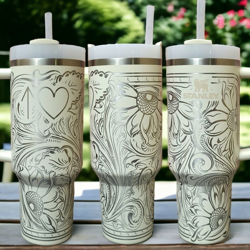 Western Tooled Leather Design with Sunflowers and Paisley Motif, Stanley Engraved Tumbler, Personalized (30oz Fog | Design Only)