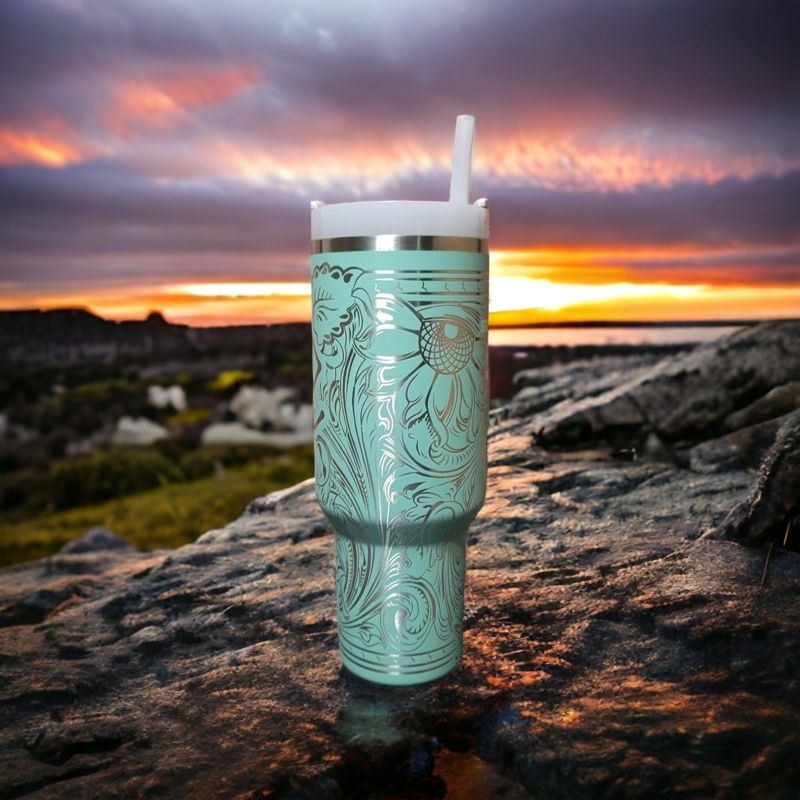 Western Tooled Leather Design with Sunflowers and Paisley Motif, Stanley Engraved Tumbler, Personalized (30oz Fog | Design Only)
