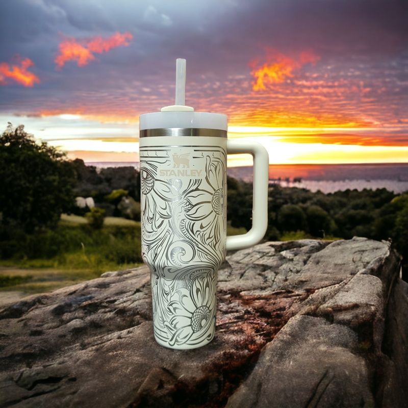 Western Tooled Leather Design with Sunflowers and Paisley Motif, Stanley Engraved Tumbler, Personalized (30oz Fog | Design Only)