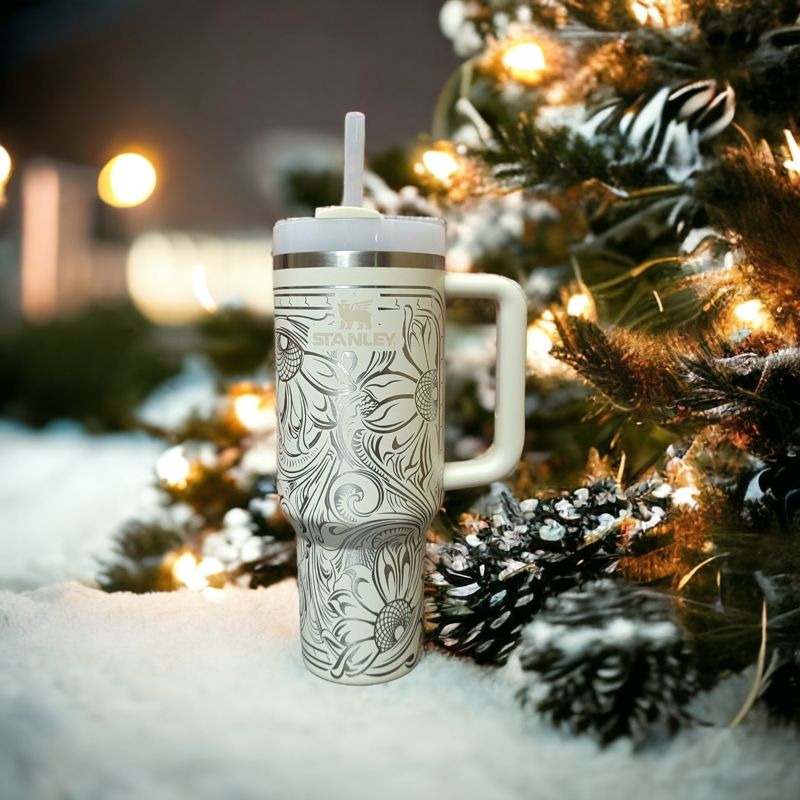 Western Tooled Leather Design with Sunflowers and Paisley Motif, Stanley Engraved Tumbler, Personalized (30oz Fog | Design Only)