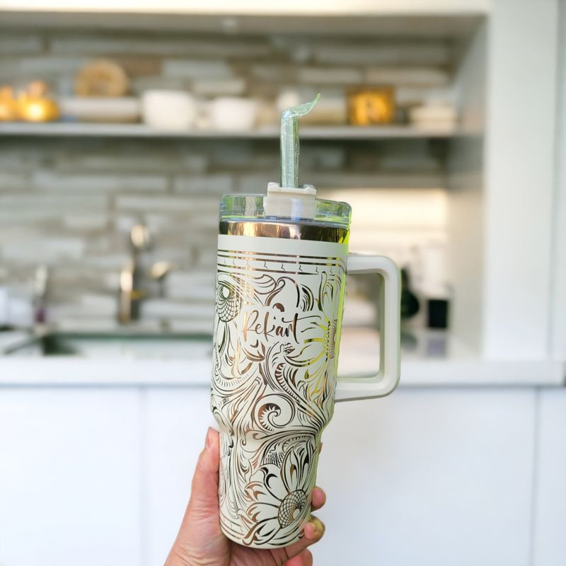 Western Tooled Leather Design with Sunflowers and Paisley Motif, Stanley Engraved Tumbler, Personalized (30oz Fog | Design Only)