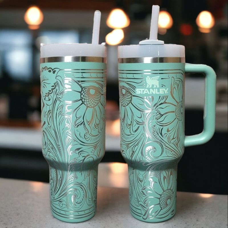 Western Tooled Leather Design with Sunflowers and Paisley Motif, Stanley Engraved Tumbler, Personalized (30oz Fog | Design Only)