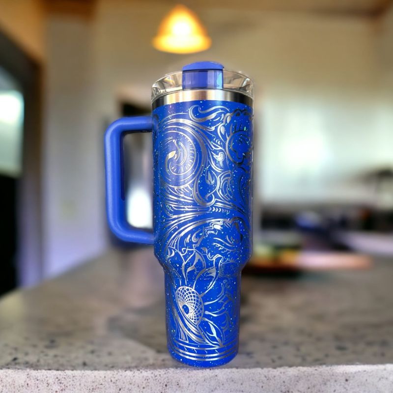 Western Tooled Leather Design with Sunflowers and Paisley Motif, Stanley Engraved Tumbler, Personalized (30oz Fog | Design Only)