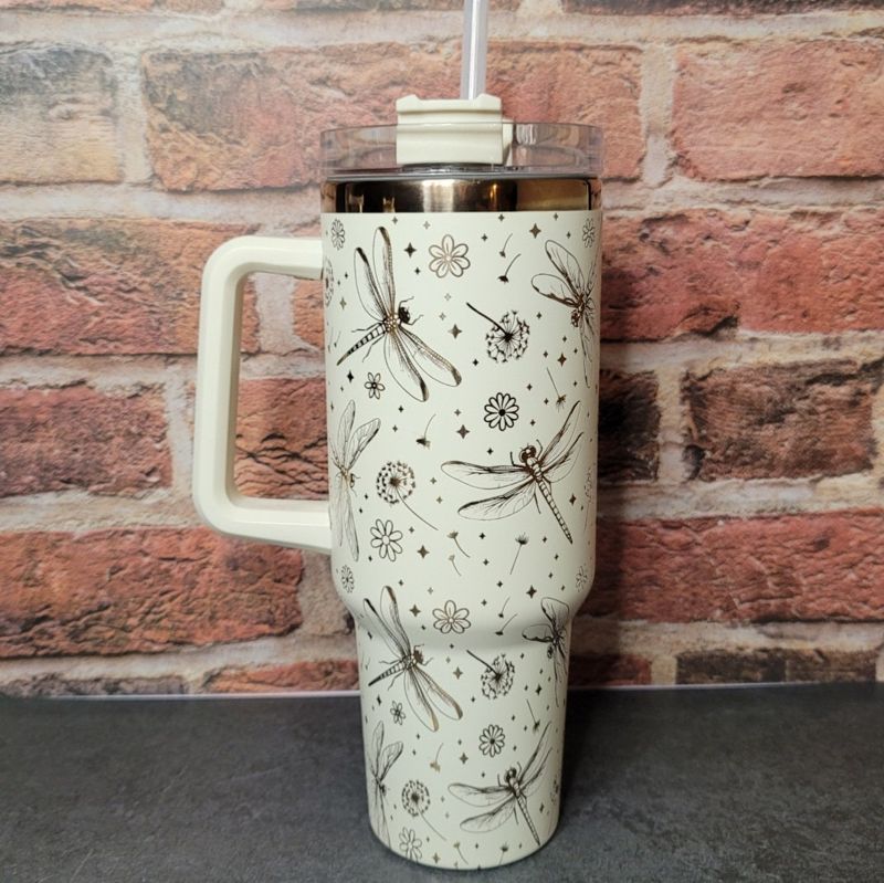 Dragonfly Tumbler, Dandelion Tumbler, 40oz Tumbler, Cream and Copper Tumbler, Whimsical Tumbler, Laser Engraved Tumbler (Black Copper)