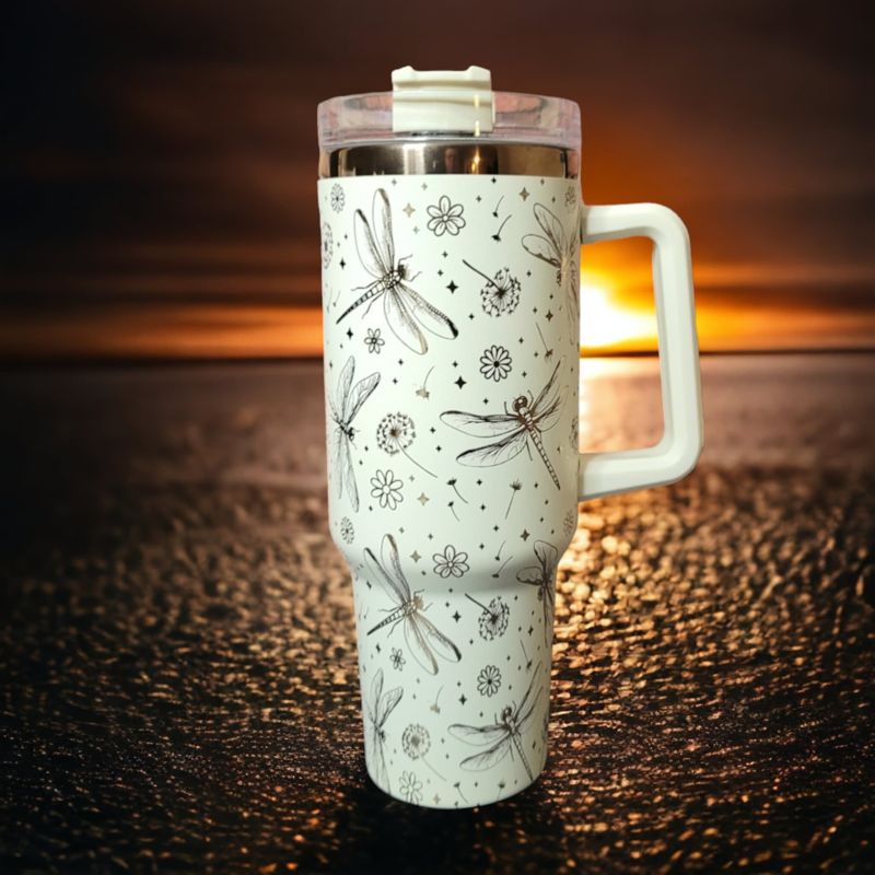 Dragonfly Tumbler, Dandelion Tumbler, 40oz Tumbler, Cream and Copper Tumbler, Whimsical Tumbler, Laser Engraved Tumbler (Black Copper)