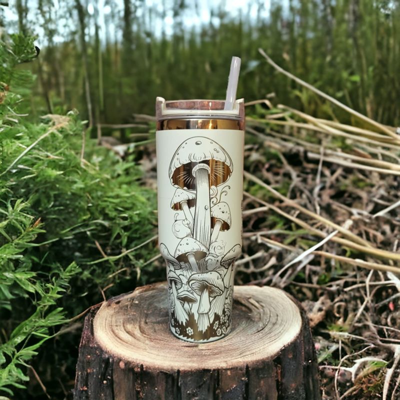 Mushroom Tumbler, 40oz Tumbler, Butterfly Tumbler, Cream and Copper Tumbler, Laser Engraved Wrap,, Whimsical Forest Themed Tumbler (Black Copper)