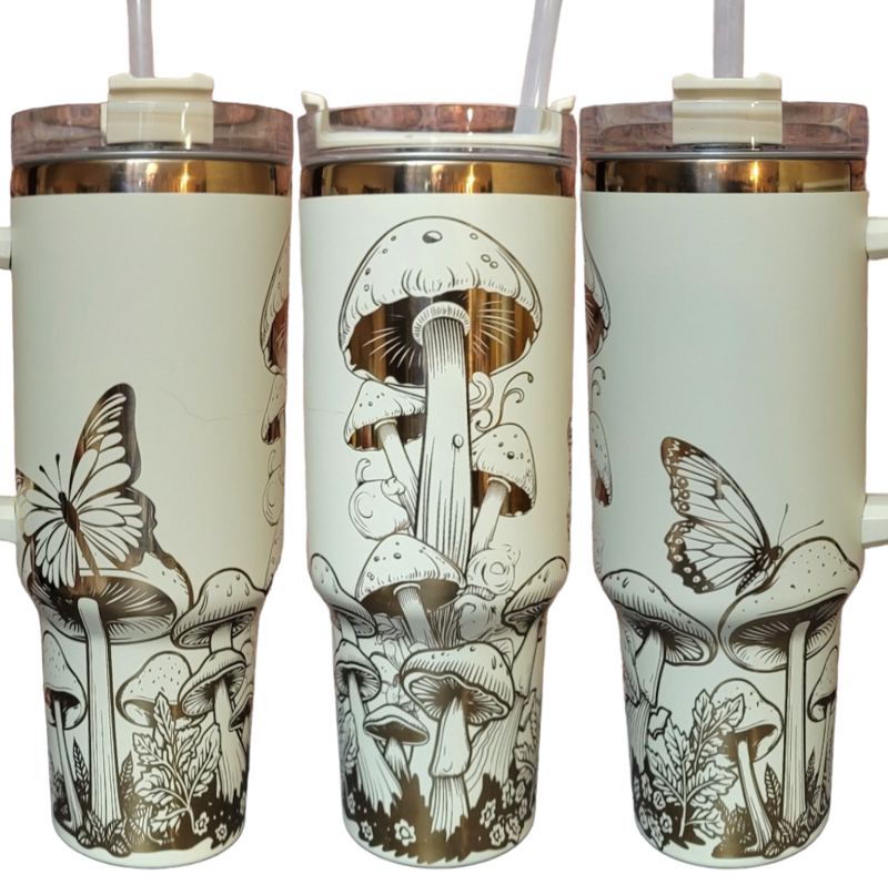 Mushroom Tumbler, 40oz Tumbler, Butterfly Tumbler, Cream and Copper Tumbler, Laser Engraved Wrap,, Whimsical Forest Themed Tumbler (Black Copper)