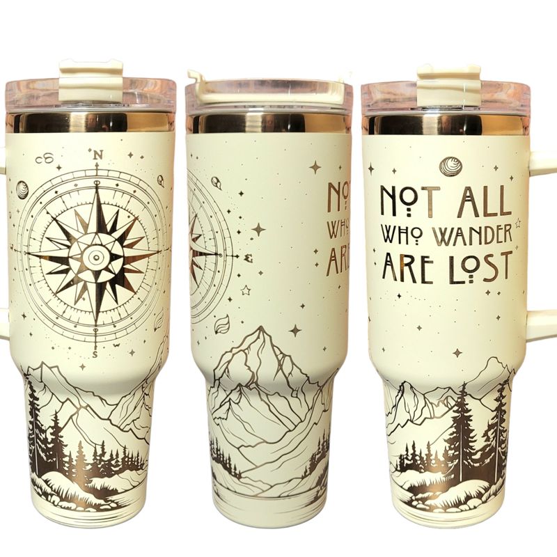 Not All Who Wander Are Lost Tumbler, Copper Engraved Tumbler, Copper and Cream, 40oz Tumbler, Wanderer, Mountain Scene (Black Copper)