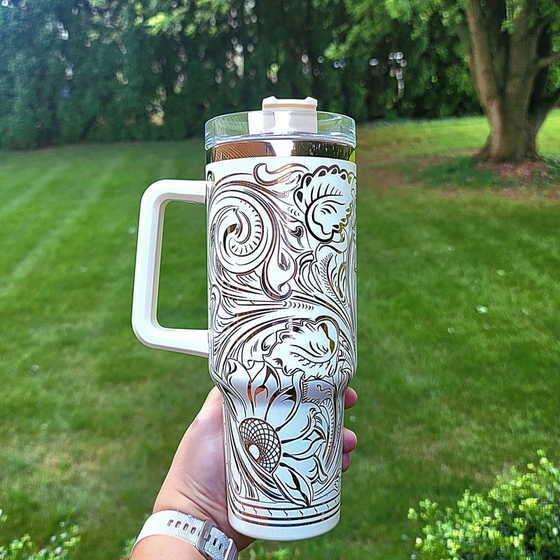 Copper Engraved Tumbler, Copper and Cream, 40oz Tumbler, Tooled Leather Sunflower, Western Tumbler, Paisley Scroll Design (Black Copper)