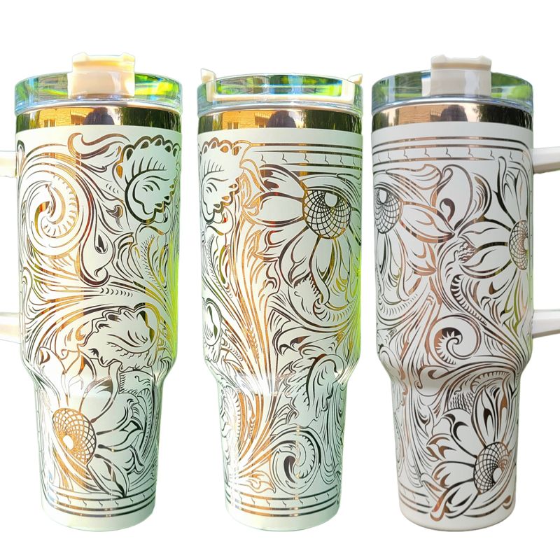 Copper Engraved Tumbler, Copper and Cream, 40oz Tumbler, Tooled Leather Sunflower, Western Tumbler, Paisley Scroll Design (Black Copper)