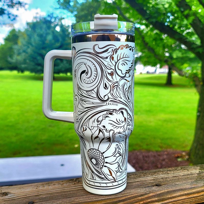 Copper Engraved Tumbler, Copper and Cream, 40oz Tumbler, Tooled Leather Sunflower, Western Tumbler, Paisley Scroll Design (Black Copper)