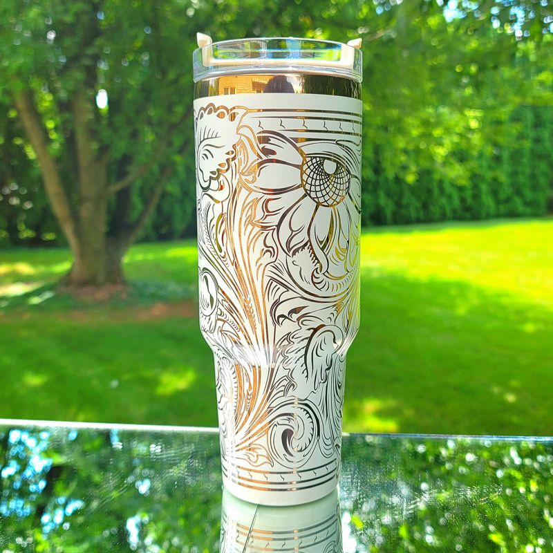 Copper Engraved Tumbler, Copper and Cream, 40oz Tumbler, Tooled Leather Sunflower, Western Tumbler, Paisley Scroll Design (Black Copper)