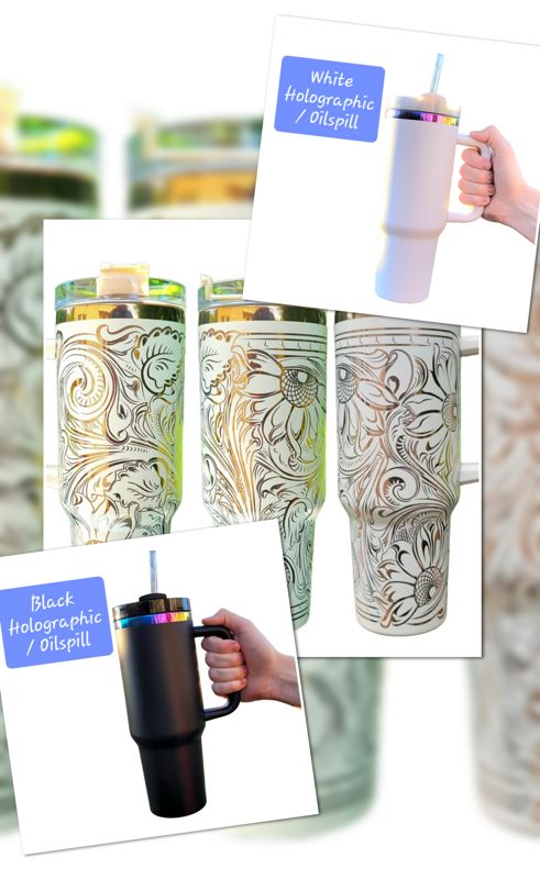 Rainbow Engraved Tumbler, Oil Spill Tumbler, 40oz Tumbler, Tooled Leather Sunflower, Western Tumbler, Paisley Scroll Design, Holographic (Black Rainbow | Design Only)