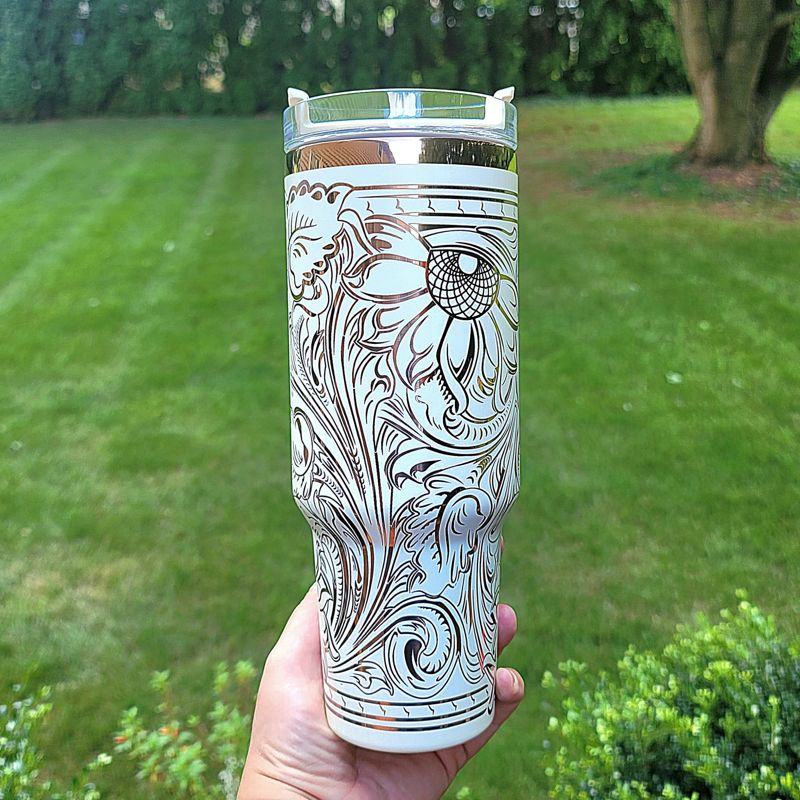 Rainbow Engraved Tumbler, Oil Spill Tumbler, 40oz Tumbler, Tooled Leather Sunflower, Western Tumbler, Paisley Scroll Design, Holographic (Black Rainbow | Design Only)
