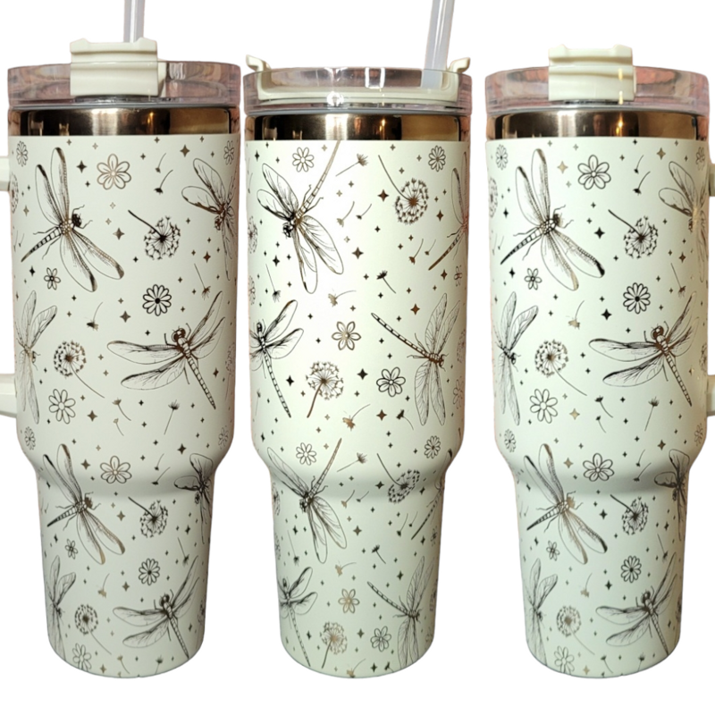 Rainbow Dragonfly Tumbler, Dandelion Tumbler, 40oz Tumbler, Rainbow Tumbler, Whimsical Tumbler, Laser Engraved Tumbler (Black Rainbow)