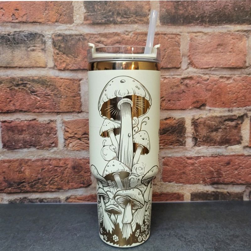 Rainbow Mushroom Tumbler, 40oz Tumbler, Butterfly Tumbler, Holographic Tumbler, Laser Engraved Wrap, Whimsical Forest Themed Tumbler (Black Rainbow)