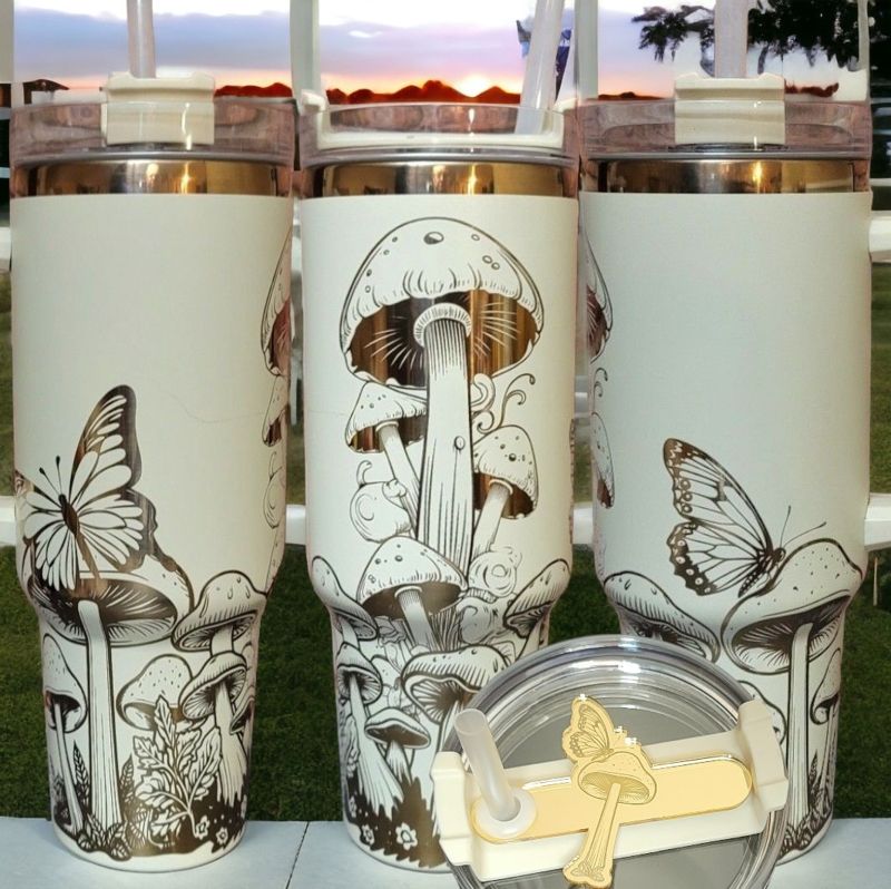 Rainbow Mushroom Tumbler, 40oz Tumbler, Butterfly Tumbler, Holographic Tumbler, Laser Engraved Wrap, Whimsical Forest Themed Tumbler (Black Rainbow)