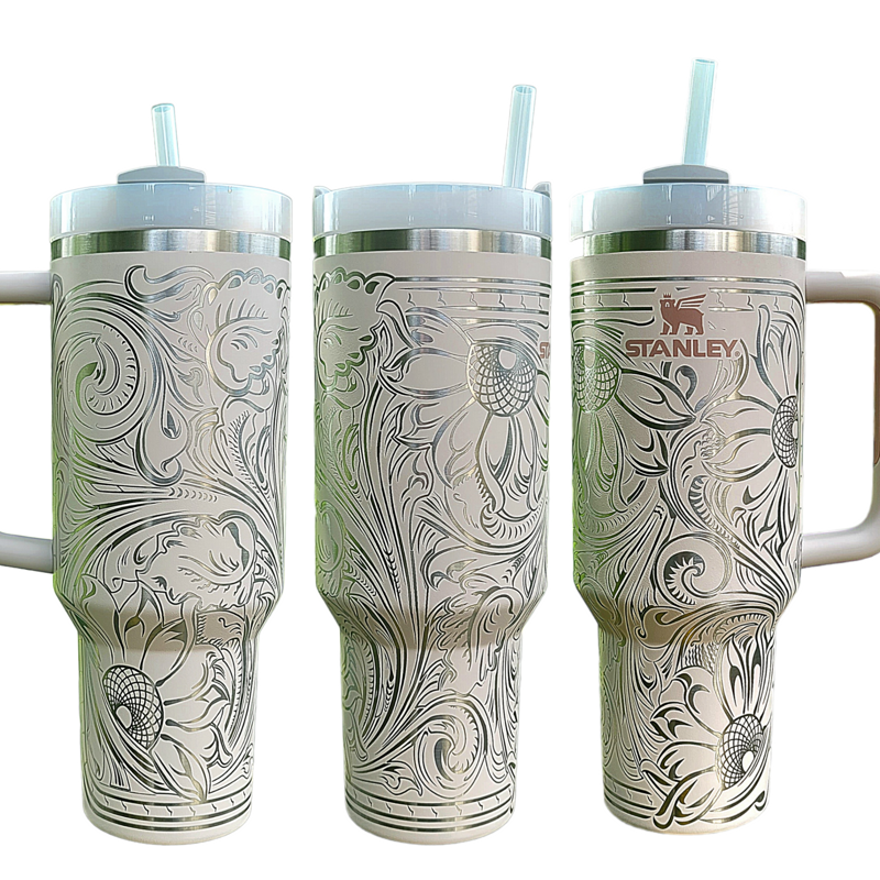 Western Tooled Leather Design with Sunflowers and Paisley Motif, Stanley Engraved Tumbler, Personalized (30oz Fog | Design Only)