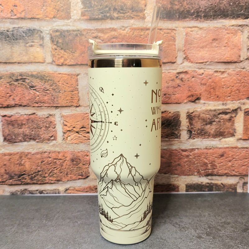 Rainbow Not All Who Wander Are Lost Tumbler, Copper Engraved Tumbler, Copper and Cream, 40oz Tumbler, Wanderer, Mountain Scene (Black Rainbow)