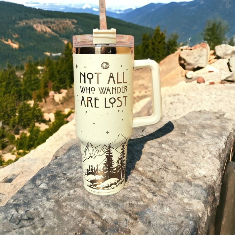 Rainbow Not All Who Wander Are Lost Tumbler, Copper Engraved Tumbler, Copper and Cream, 40oz Tumbler, Wanderer, Mountain Scene (Black Rainbow)