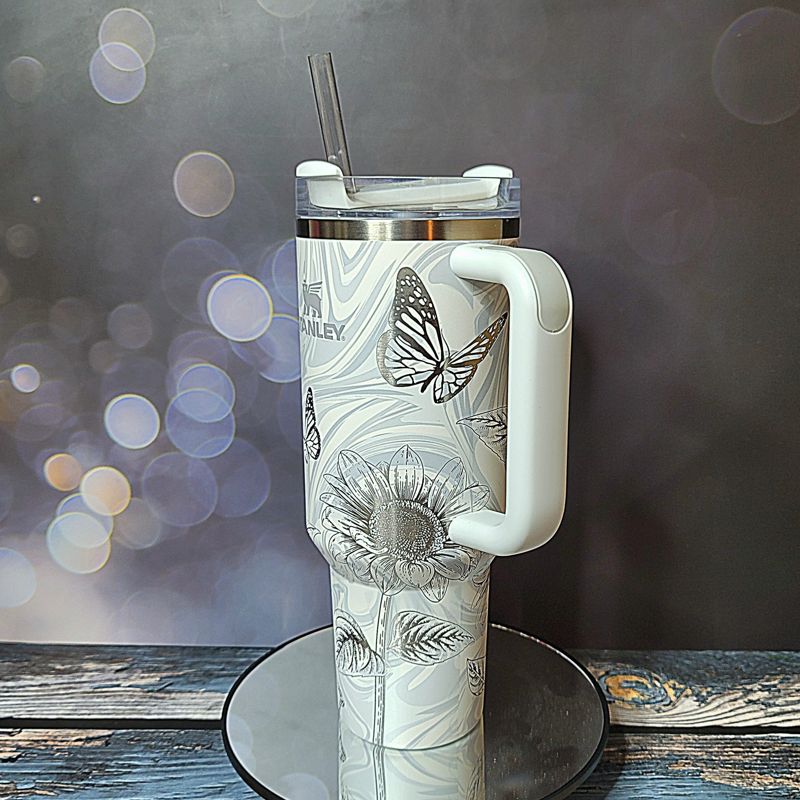 Butterfly Sunflower Stanley, Wildflower Engraved Tumbler, Personalized Tumbler, Matching Topper (30oz Charcoal H2.0 | Design Only)